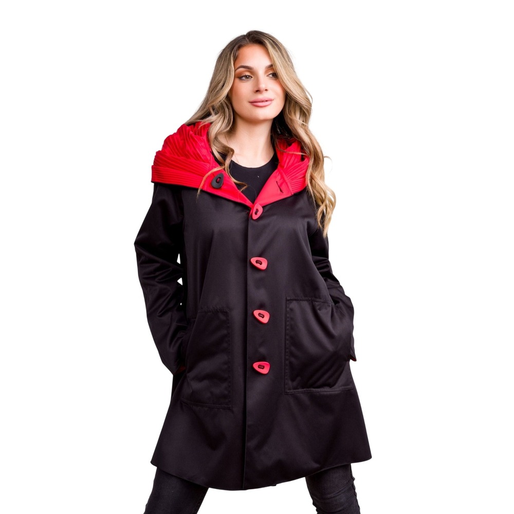 London Towne Women's Piped Reversible Button Parisian Pleated Hood Jacket Size L